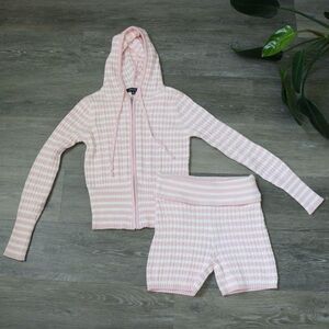 Forever 21 pink/white cable knit striped zipper hoodie and foldover mini shorts